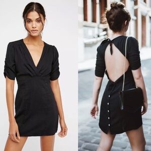 Free People Black Cotton Stars In Your Eyes Tie/Button Back Mini Dress EUC Sz XS